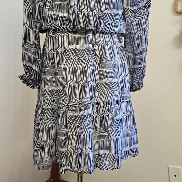 Shoshanna Womens Silk Dress Size 0 Peasant Ruffle Hem Puff Sleeve Black & White - Picture 6 of 11
